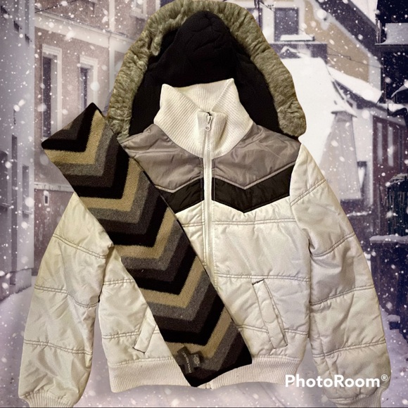REFUGE Puffer Jacket w/ BANANA REPUBLIC Wool Scarf, Detachable Fur Hood, Wmn's M - Picture 14 of 16